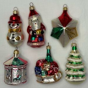 6 Classic Vintage Glass Christmas Ornaments. Possibly made in Poland or Germany